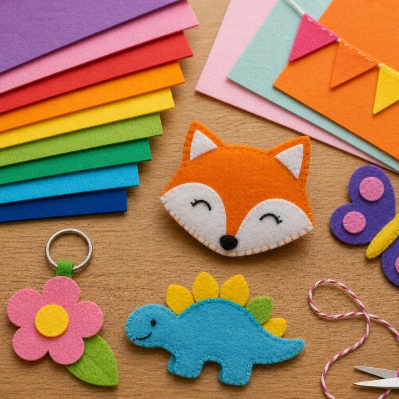 Bastelfilz in verschiedenen Farben, fertige Filzfiguren und Bastelmaterial liegen auf einem Holztisch.