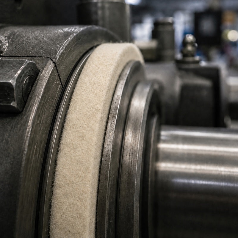 Nahaufnahme einer industriellen Metallwalze mit einem hellen Merinofilzring auf einer rotierenden Welle.