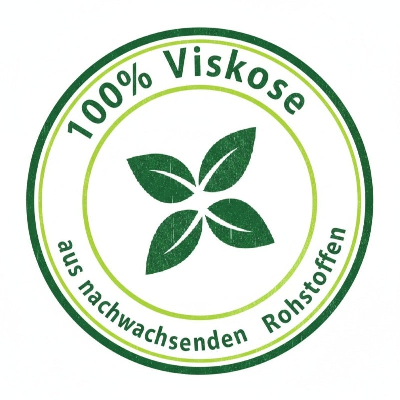 Logo in Grüntönen mit Blättersymbol und dem Text ‚100 % Viskose aus nachwachsenden Rohstoffen‘.