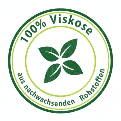 Logo in Grüntönen mit Blättersymbol und dem Text ‚100 % Viskose aus nachwachsenden Rohstoffen‘.