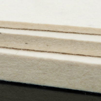 Nahaufnahme von drei hellen, versetzt übereinandergelegten Merinofilzplatten in unterschiedlichen Stärken.