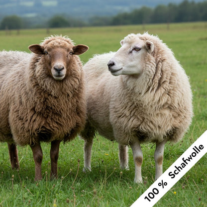 Ein braunes und ein weißes Schaf auf einer grünen Wiese mit dem Schriftzug "100 % Schafwolle".