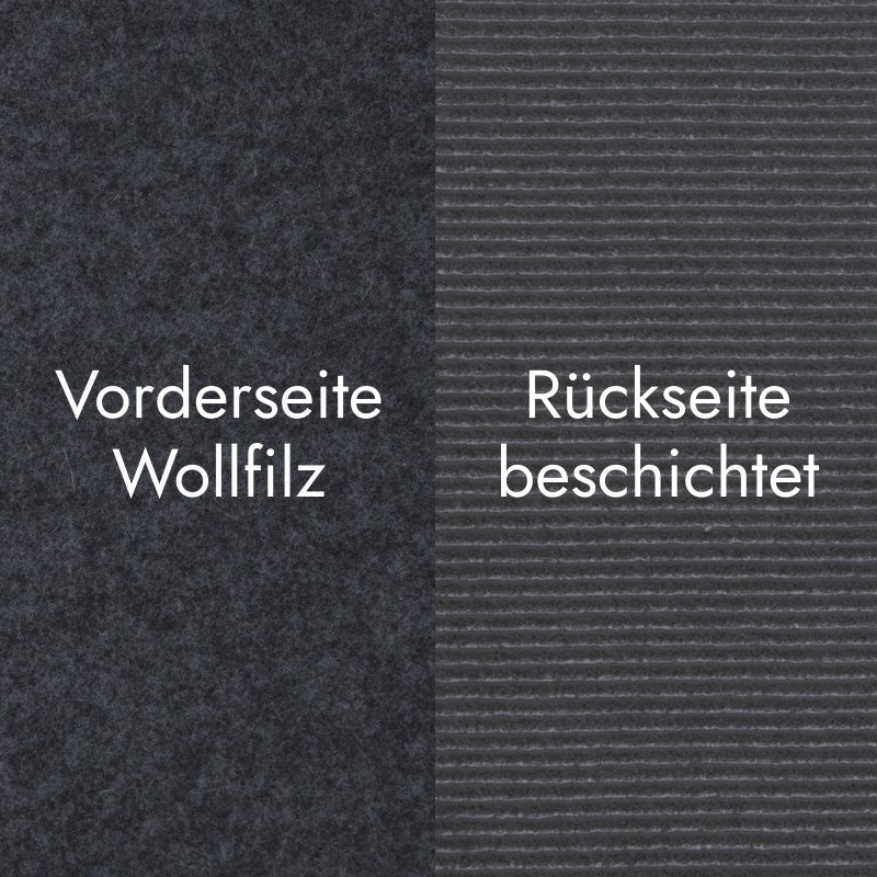 Detailaufnahme der Vorder- und Rückseite von anthrazitfarbenem Sitzbankfilz