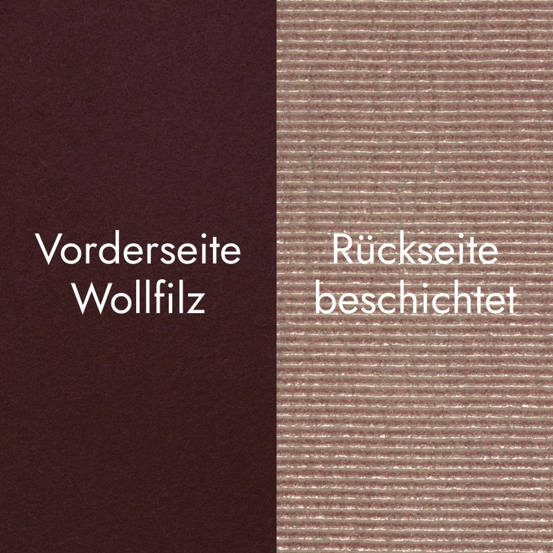 Detailaufnahme der Vorder- und Rückseite von bordeauxrotem Sitzbankfilz