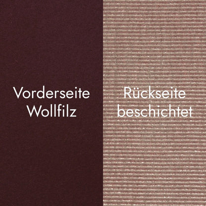Detailaufnahme der Vorder- und Rückseite von bordeauxrotem Sitzbankfilz