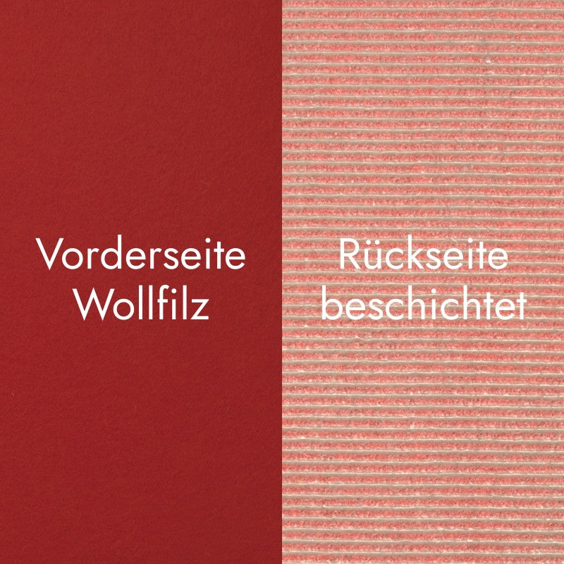 Detailaufnahme der Vorder- und Rückseite von kardinalrotem Sitzbankfilz