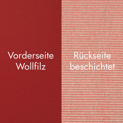 Detailaufnahme der Vorder- und Rückseite von kardinalrotem Sitzbankfilz