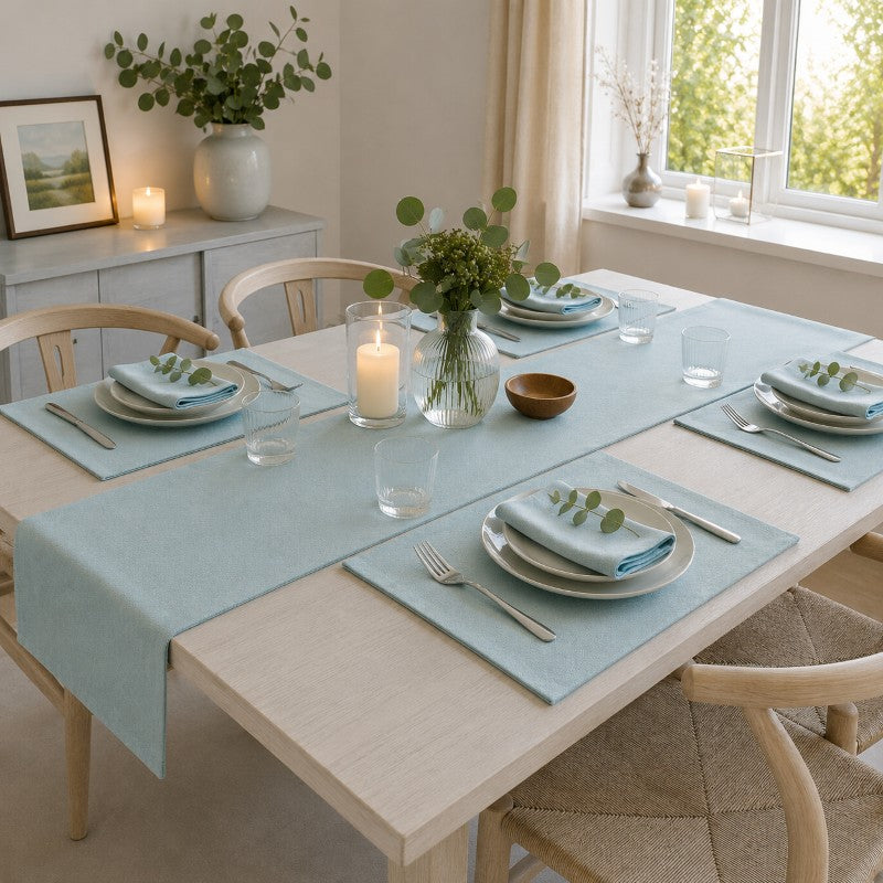 Stilvoll gedeckter Esstisch mit aquafarbener Tischdeko aus Designfilz in modernem Ambiente.