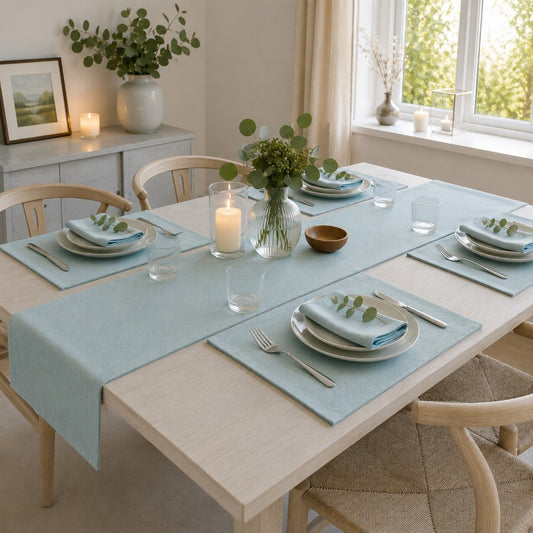 Stilvoll gedeckter Esstisch mit aquafarbener Tischdeko aus Designfilz in modernem Ambiente.